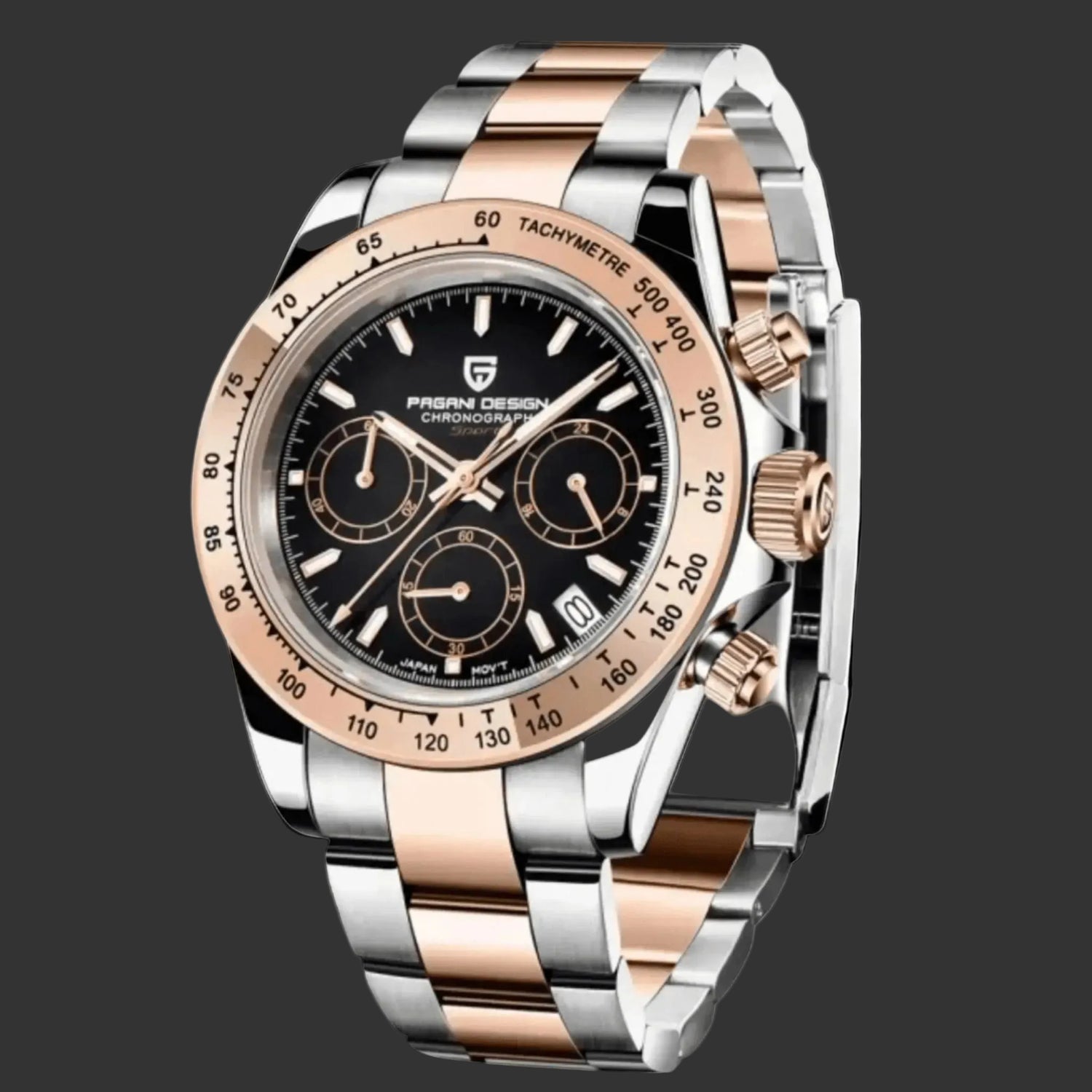 Reloj cronógrafo de lujo PAGANI DESIGN ELEGANTE para hombres con acabado en acero y oro rosa.