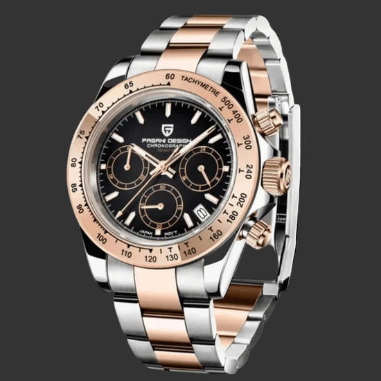 Reloj cronógrafo de lujo PAGANI DESIGN ELEGANTE para hombres con acabado en acero y oro rosa.