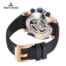 Reef Tiger reloj deportivo automático con diseño esqueleto y subesferas funcionales.