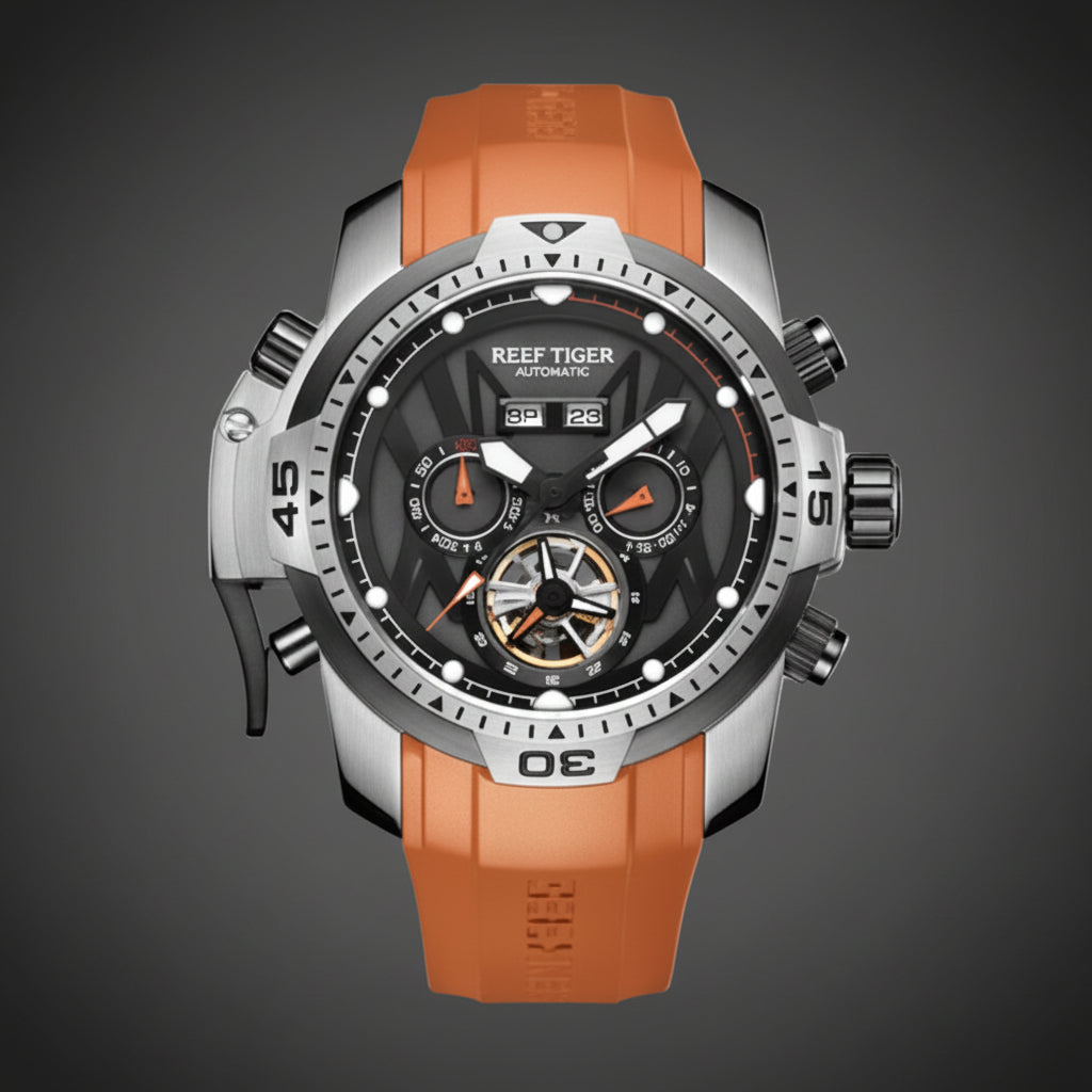 Reef Tiger reloj deportivo automático con elegante diseño esqueleto y estilo moderno.