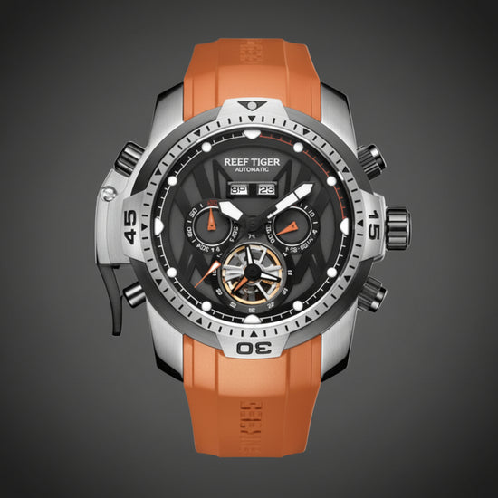 Reef Tiger reloj deportivo automático con elegante diseño esqueleto y estilo moderno.